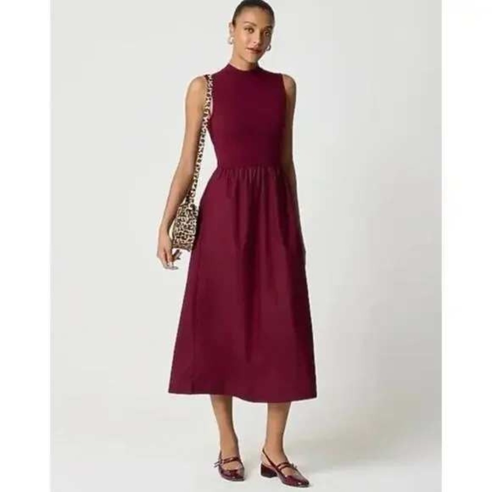 NWT J. Crew Mockneck Knit Mixed Media Dress Burgundy Midi Sz ST Small‎ Tall